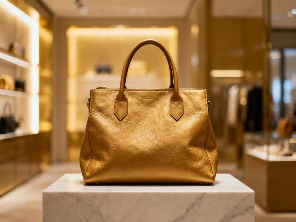 Luksusowa skórzana torebka Louis Vuitton wyeksponowana na marmurowym postumencie w eleganckim wnętrzu butiku.