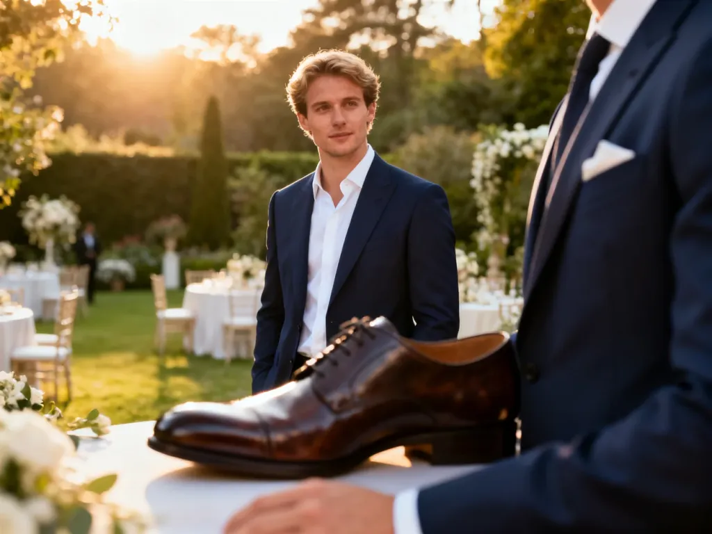 Elegancki mężczyzna w granatowym garniturze i białej koszuli, prezentujący szykowną stylizację na wesele w ogrodzie.