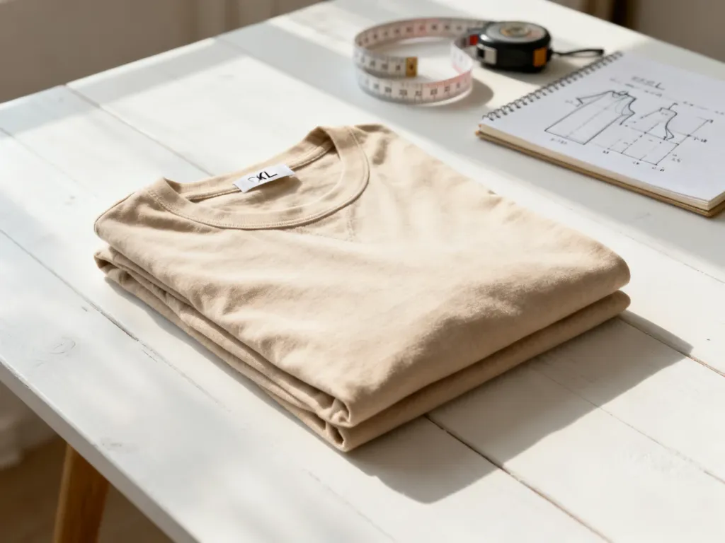 Beżowy t-shirt w rozmiarze XXL starannie złożony na białym stole, obok którego leży miarka krawiecka i notatnik z wymiarami.