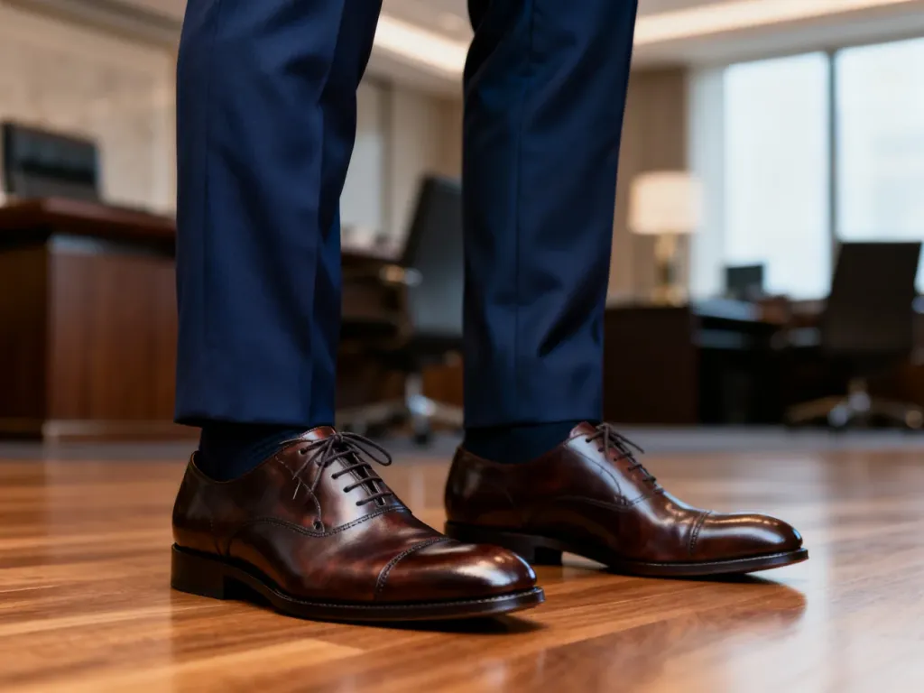 Eleganckie, ciemnobrązowe buty typu oxford zestawione z granatowym garniturem w profesjonalnym biurowym otoczeniu.