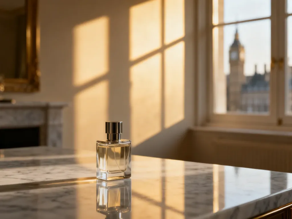 Elegancki flakon perfum na marmurowym blacie w świetle słonecznym, nawiązujący do estetyki londyńskiego apartamentu.