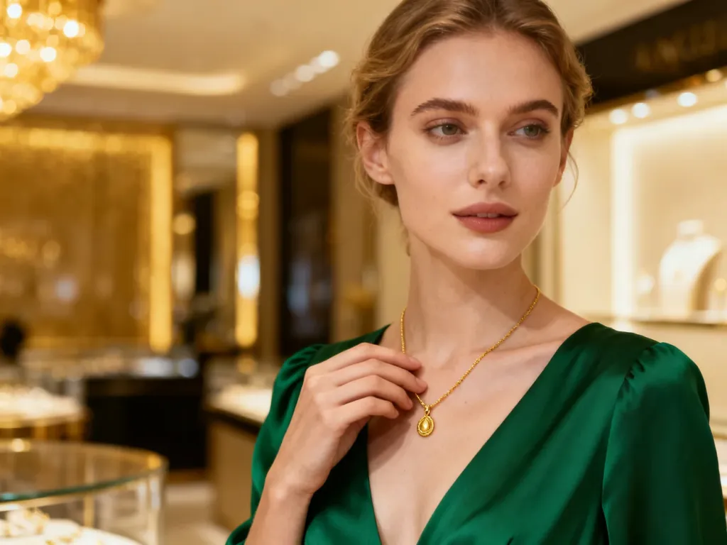 Elegancka kobieta w szmaragdowej sukience prezentująca delikatny złoty naszyjnik w luksusowym wnętrzu.