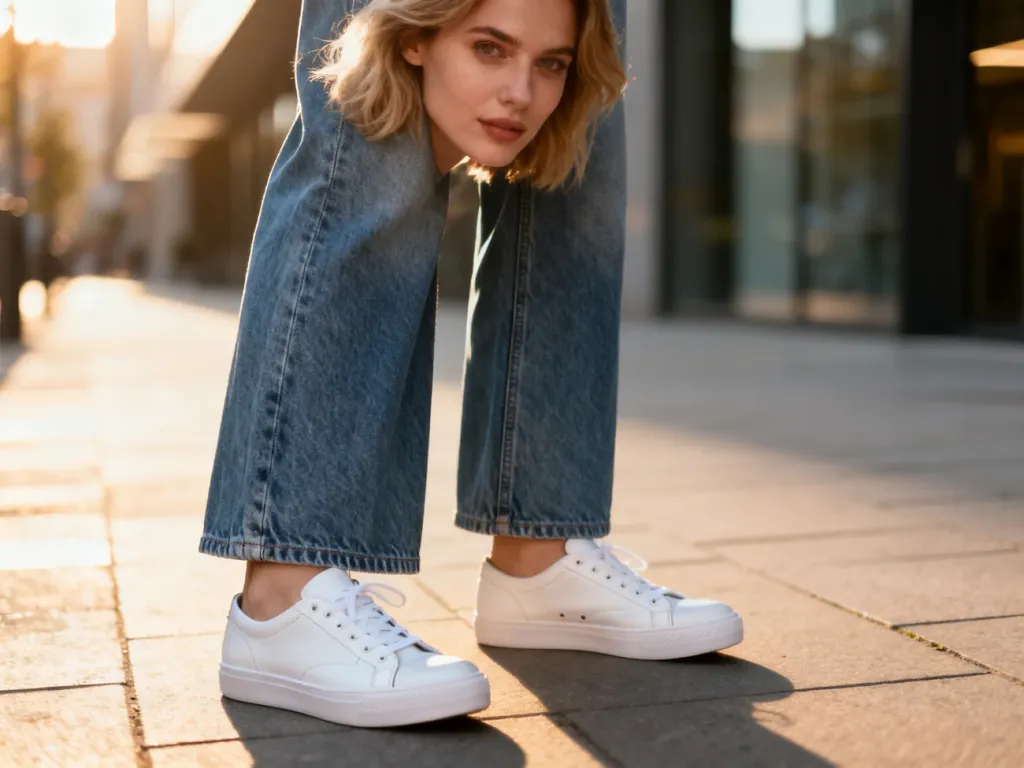 Stylowa kobieta w szerokich jeansach i białych sneakersach na tle miejskiej architektury.