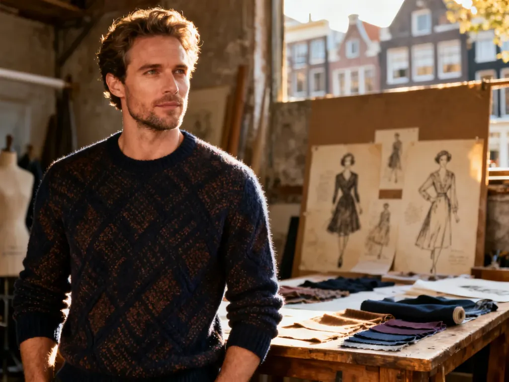 Mężczyzna w eleganckim swetrze w amsterdamskim studiu, oddający styl marki Scotch & Soda.