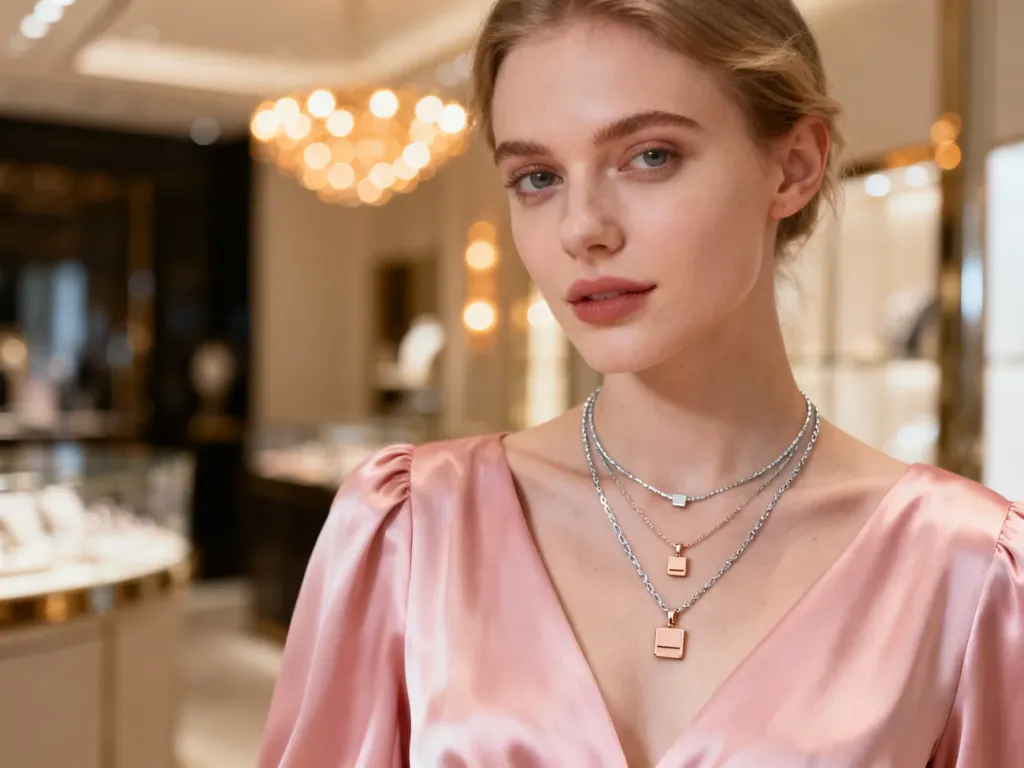 Kobieta w różowej sukience prezentuje delikatne naszyjniki ze srebra i różowego złota w eleganckim butiku.