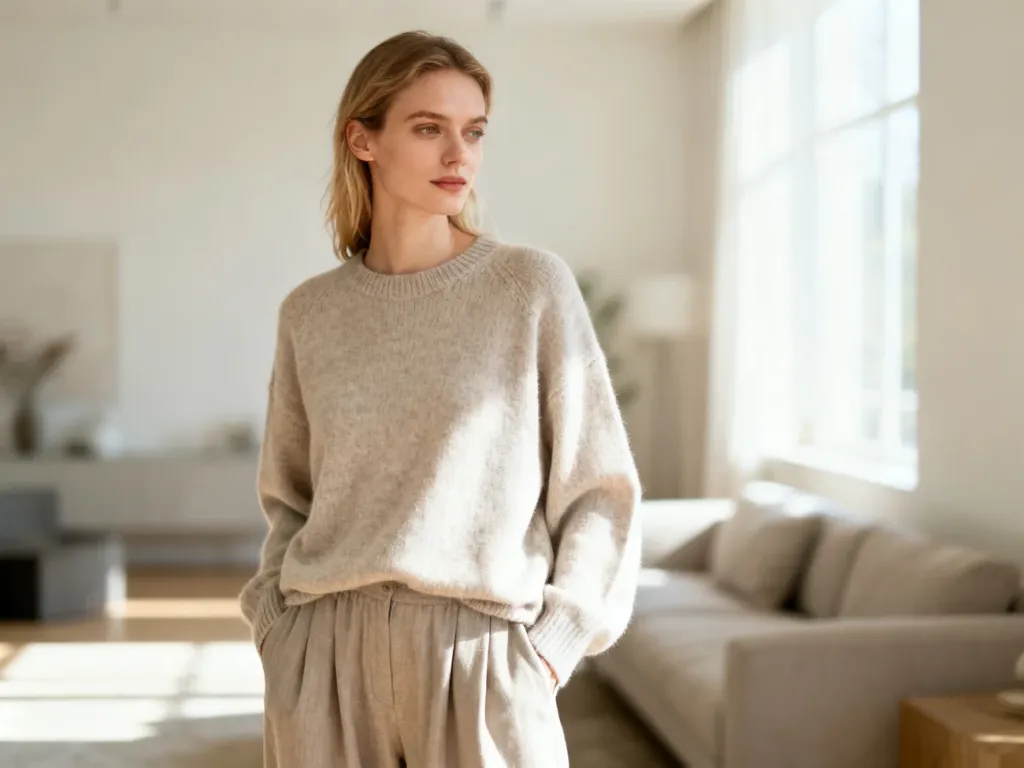 Kobieta w wygodnym swetrze i luźnych spodniach typu relaxed fit, stojąca w jasnym, minimalistycznym salonie.